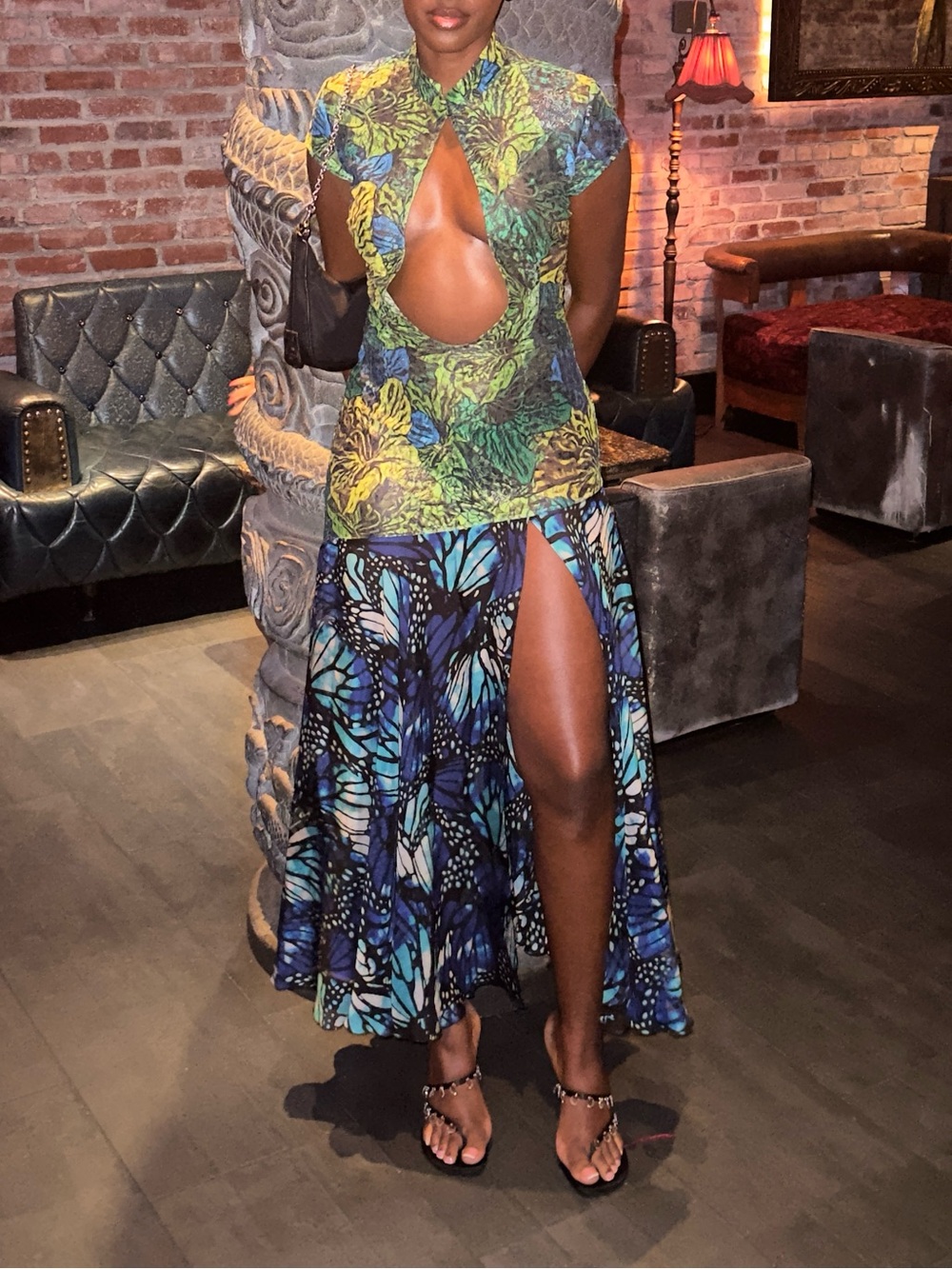 Kim Shui Green and Blue Leaf & Butterfly Maxi Dress